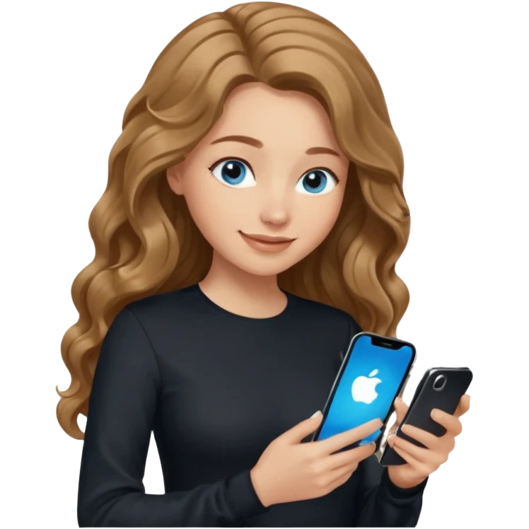 generate a pretty woman with blue eyes, light skin and medium brown long and really wavy shiny hair holding a phone she is looking at the phone while looking down at the screen. she is wearing an ALL black long sleeve. she is smiling emoji