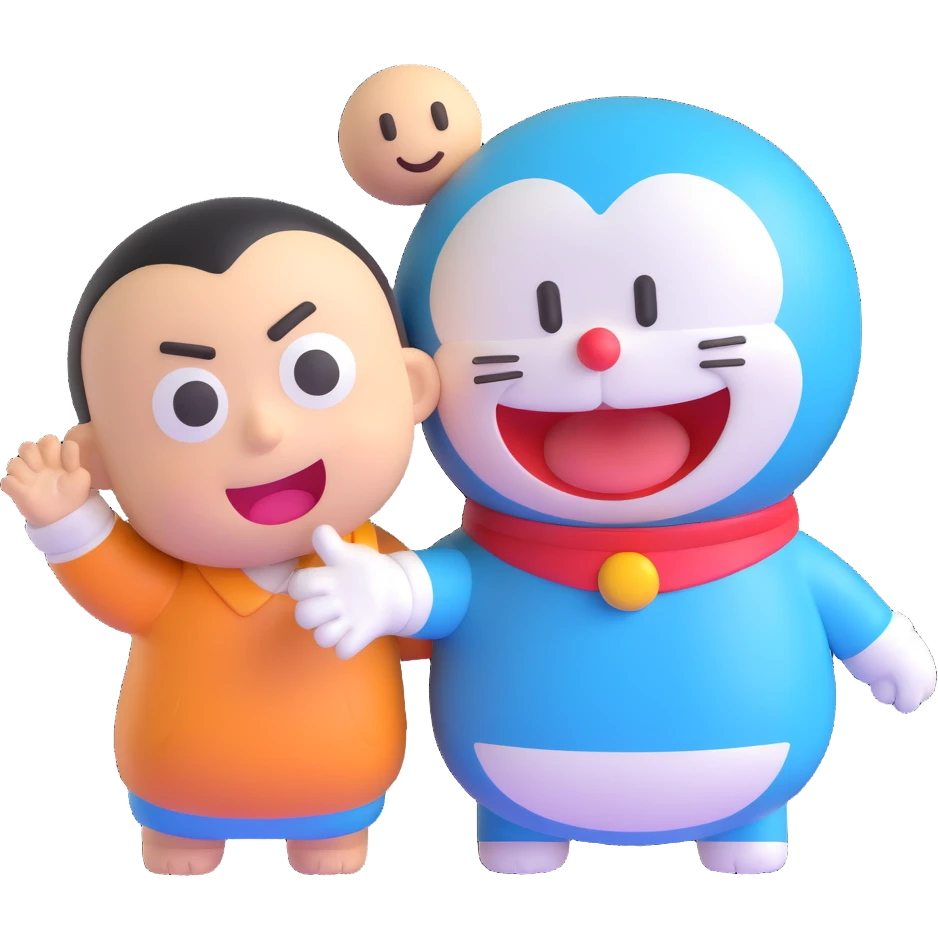 Doraemon and Shinchan together, 3D emoji style, friendly interaction emoji