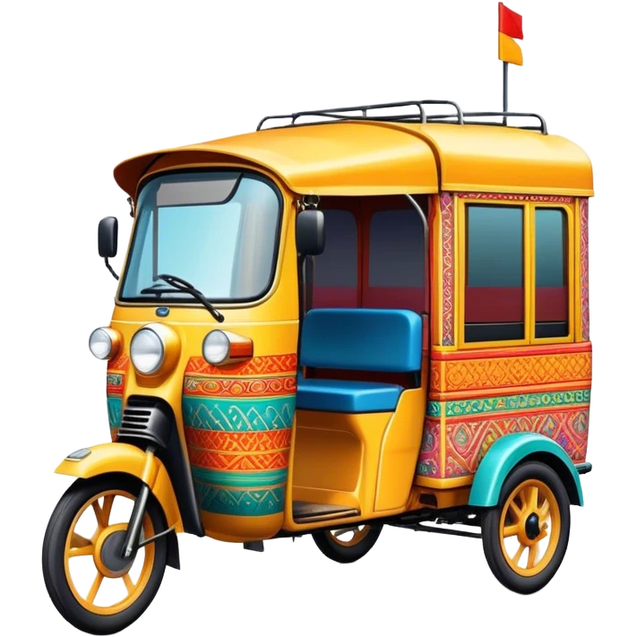 Cinematic Realistic image of a colorful auto rickshaw, rendered with detailed textures and lively, bold hues, set on a bustling urban street with dynamic, vibrant lighting that emphasizes its iconic role emoji