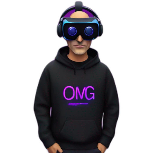 Steve Jobs wearing a black hoodie with "OMG" letters on it and VR headset in a cyberpunk VR environment with violet neon lighting. emoji