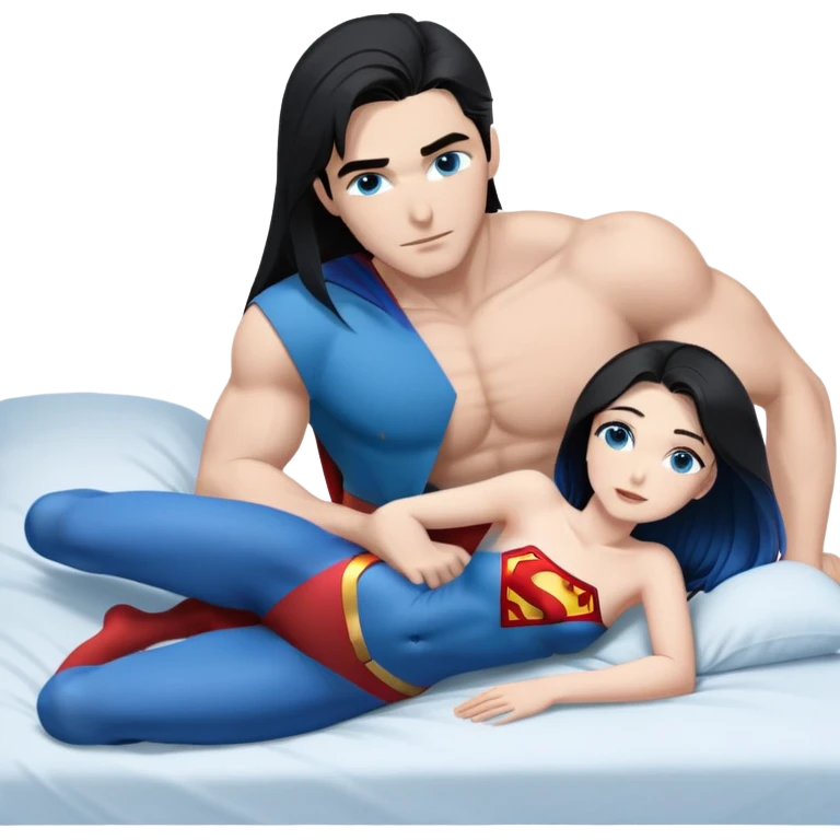 Art of woman's very  body scheme anatomy-bare shoulders- bare stomach and front-blue eyes-very long straight black to blue hair ombre-kneeling-front-leaning back-looking at male superman to her side-laying in bed emoji