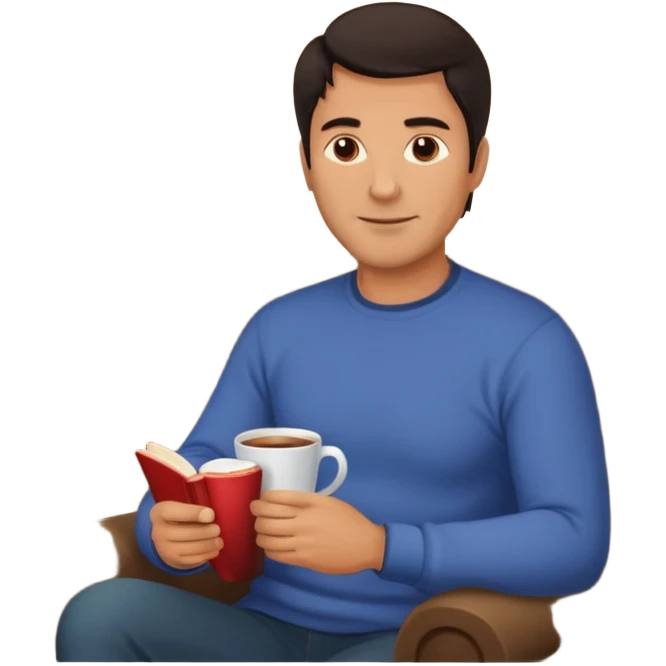 Handsome 45 year old man with dark hair sitting by a fireplace with a hot drink and a book. emoji