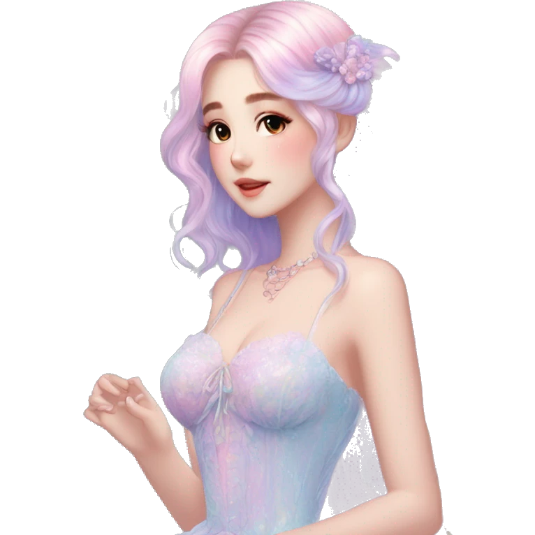 gorgeous pretty attractive lady beautiful pastel-gradient hair with gorgeous dress fairycore cottagecore pastelcore detailed high quality trending VOGUE aesthetic full body sticker emoji