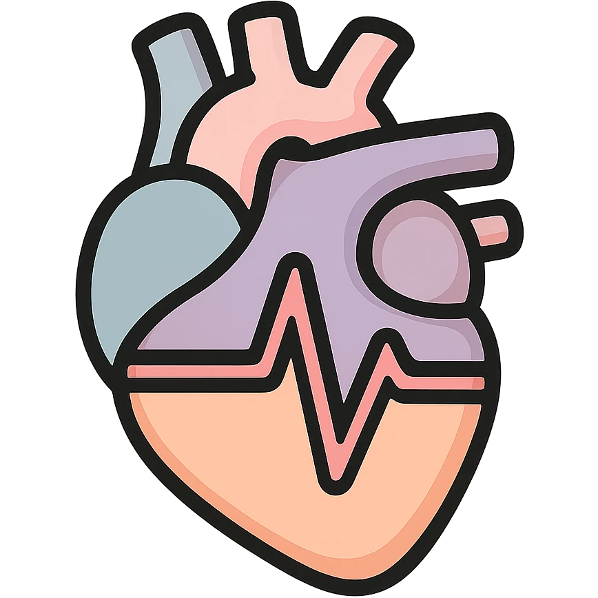 anatomical heart with a smooth wave cardiogram line inside, icon-color-outlined style, thin clean contours, soft rounded shapes, pastel palette #98B5BC, #B5B3C1, #C9A3C9, #E4C0CA, #F7DCD1, #F7C0AA, detailed shadows and highlights, soft lighting, transparent background, no base or decoration emoji