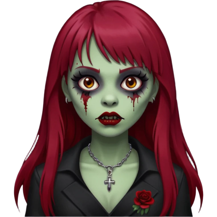vampira gótica parda zumbi de cabelo longo e vermelho escuro e franja e roupa com decote e batom preto emoji