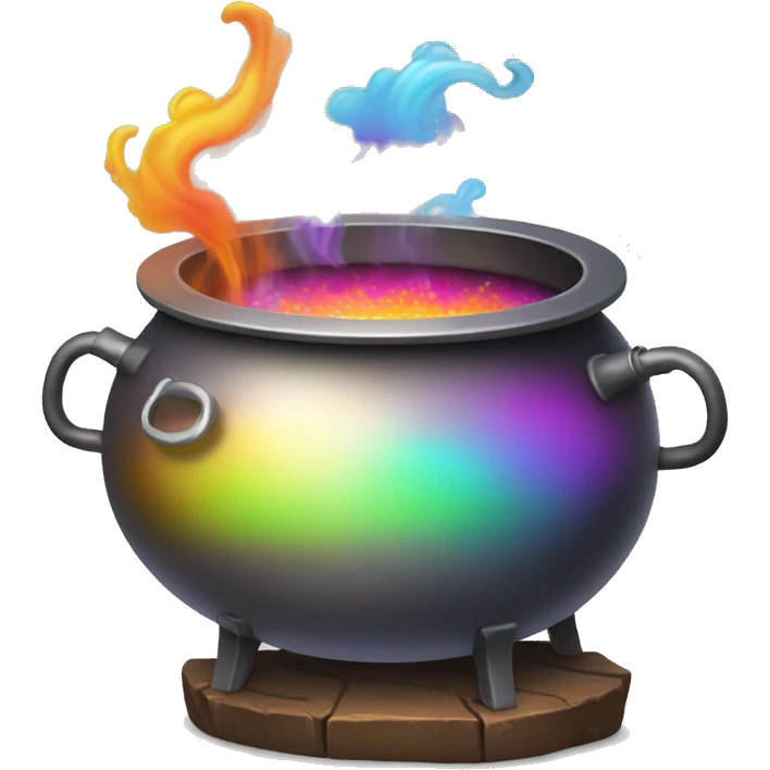 Cauldron with rainbow potion and white steam, under the kettle are fire emoji