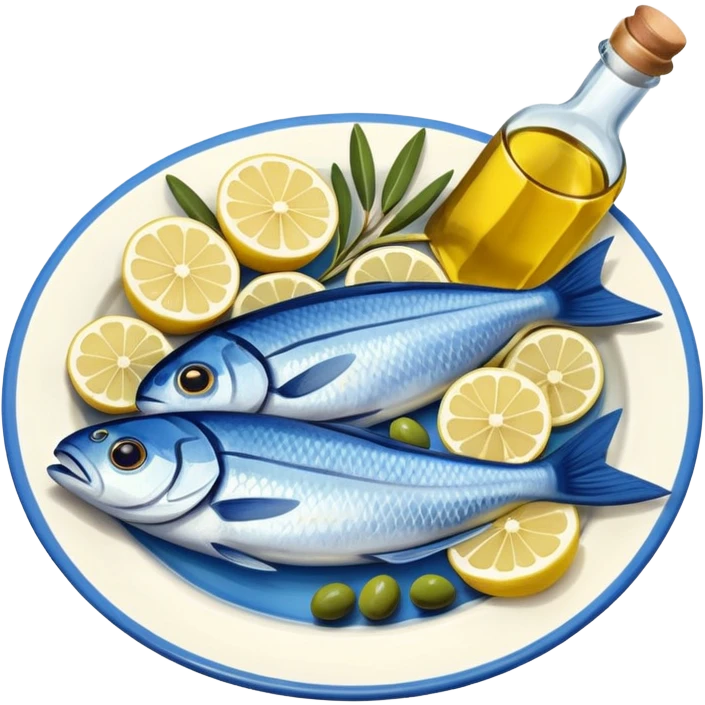 Mediterranean cuisine humanless avatar in clean emoji-style illustration. Olive oil, fish, lemon, blue and sunny colors, light and fresh mood, flat design, high contrast. emoji