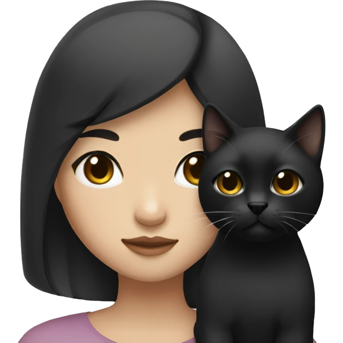 Asian girl with black eyes color and black hair holding black cat emoji