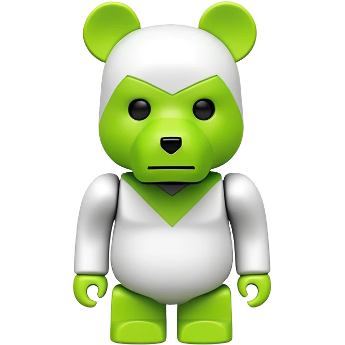 geometric bearbrick figurine with block-shaped head, lime green mask covering face except for prominent expressive eyebrows, iconic bear toy emoji