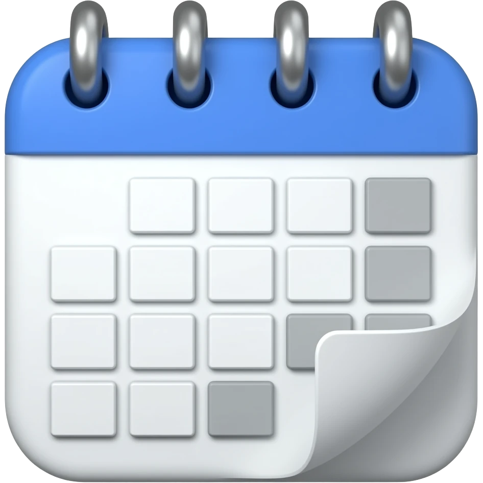 Create a 3D emoji icon of a calendar with no numbers, text, or dates — use square shapes resembling a table instead of dots or lines. Color palette: Deep blue (#00008B), Sky blue (#87CEEB), Sky white (#F5F5F5), Coastal grey (#808080). shadows 3D effect, clean, modern look. emoji