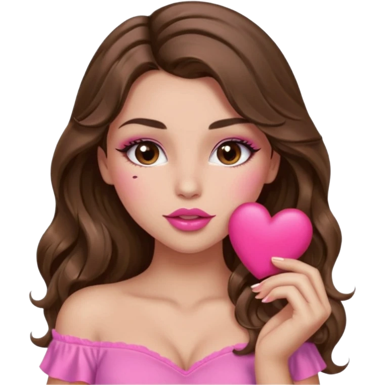 girl with long wavy brown hair, brown eyes, long lashes makeup, sexy pink lips, light to medium complexion, wearing a pink sexy top, sexy , puckering, blushing, kissing a heart sexy emoji