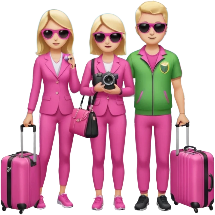 Девушка и мужчина вдвоем стоят в аэропорту с чемоданами. На фоне самолет в и табло с рейсами. Девушка в спортивном розовом костюме, мужчина тоже в спортивном зеленом костюме. Девушка держит дамскую сумку розовую. Мужчина держит фотоаппарат в руке и на нем солнцезащитные очки черного цвета  emoji