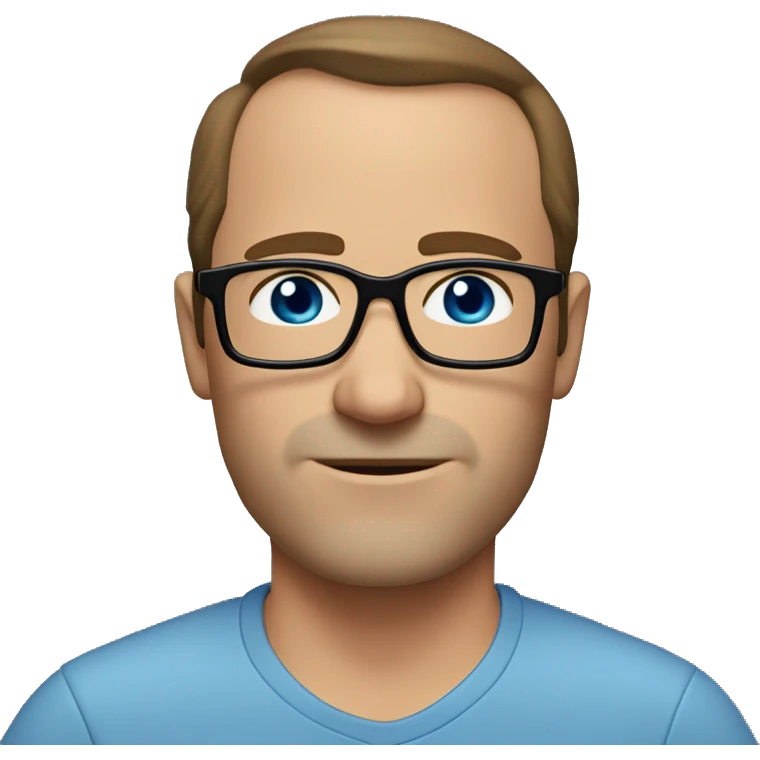 45-year-old man with a slightly round face, brown hair with a small central crest and a slightly receding hairline. He has blue eyes, subtle stubble, and wears a  shirt and round black glasses emoji