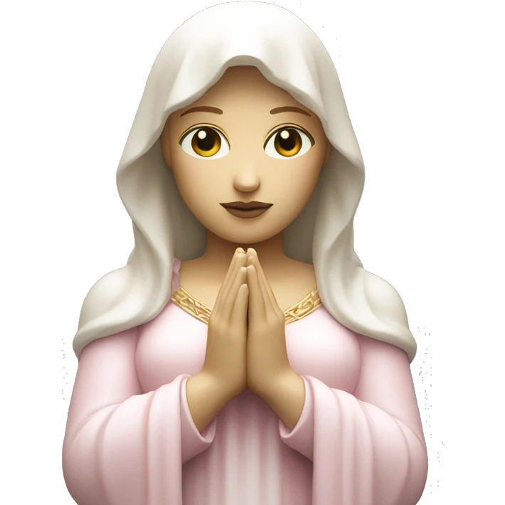 White and light pink Madonna statue with hands together emoji