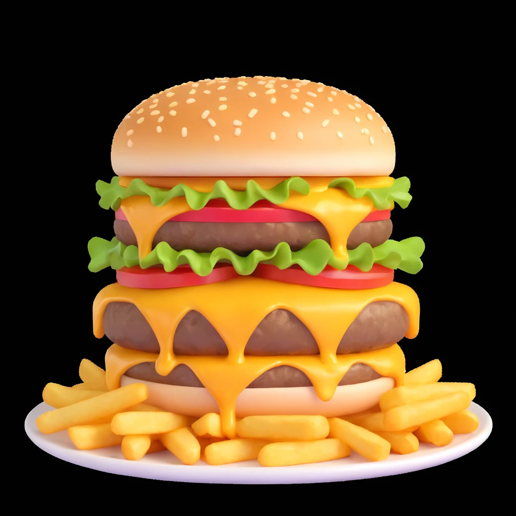 juicy triple-patty cheeseburger with melting triple cheese, crispy golden French fries on the side, hot steam rising from the food, fresh, delicious, sizzling hot, appetizing cartoon emoji style, high detail, bright colors emoji