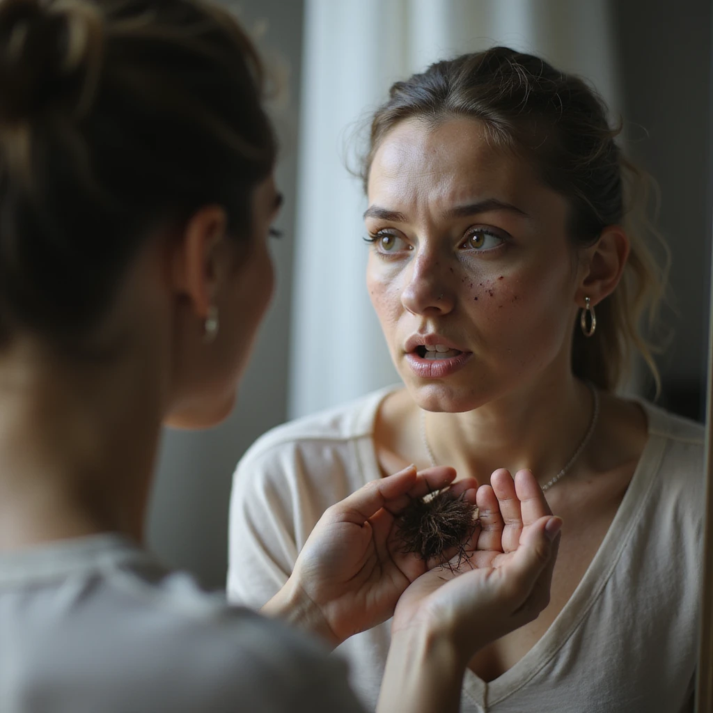 hyperrealistic 4K detailed image of a woman with PCOS sitting in front of a mirror, face with acne and facial hair, shocked expression looking at a clump of hair fallen in her hand, visibly thinning hair on temples and top of head, domestic environment emoji