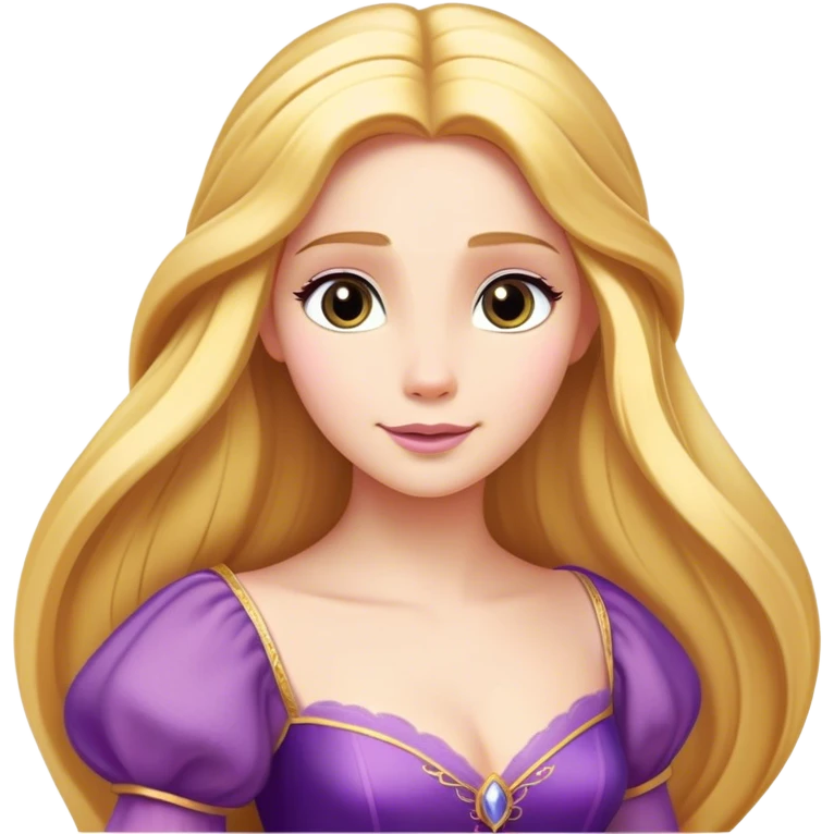 Cinematic Majestic Rapunzel Portrait Emoji, rendered in a clean, vector-style with bold, simplified shapes. Show Rapunzel with a serene, graceful expression, luminous fair skin, and elegantly styled long golden hair, accented by her classic purple gown. The design radiates a majestic, dreamlike glow with high shine and a soft glowing outline, embodying regal beauty. emoji