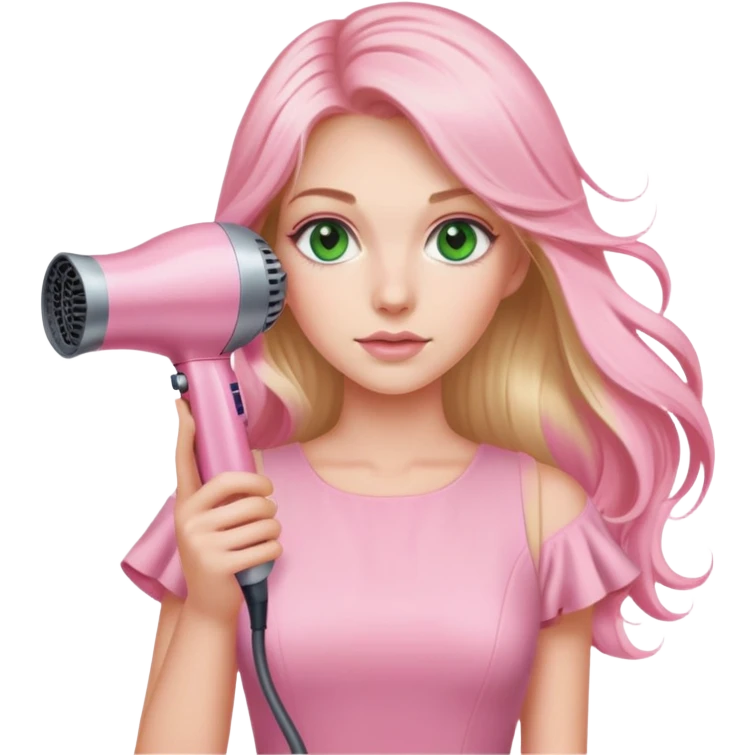 blonde woman, long hair, swamp green eyes, pink pastel dress, pink Dyson hair dryer in hand emoji