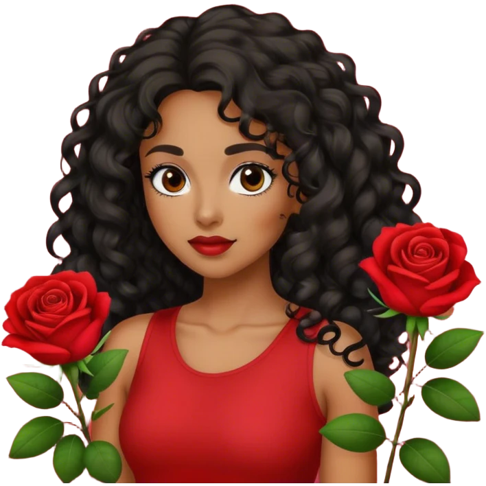Olive brown eyed women with black long curly hair rose background red top emoji