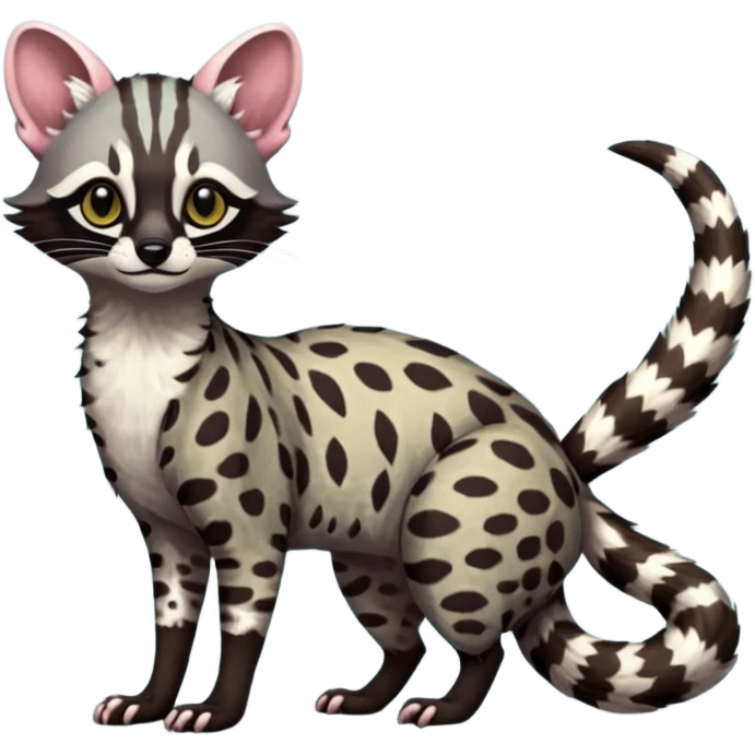 Feral Rare Fantasy shaded detailed vibrant colorful Genet-Trico-Civet-Cacomistle-Margay-species by LiLaiRa, with dark-blackish points, white belly, random markings, tufted tail, tufted ears, full body emoji