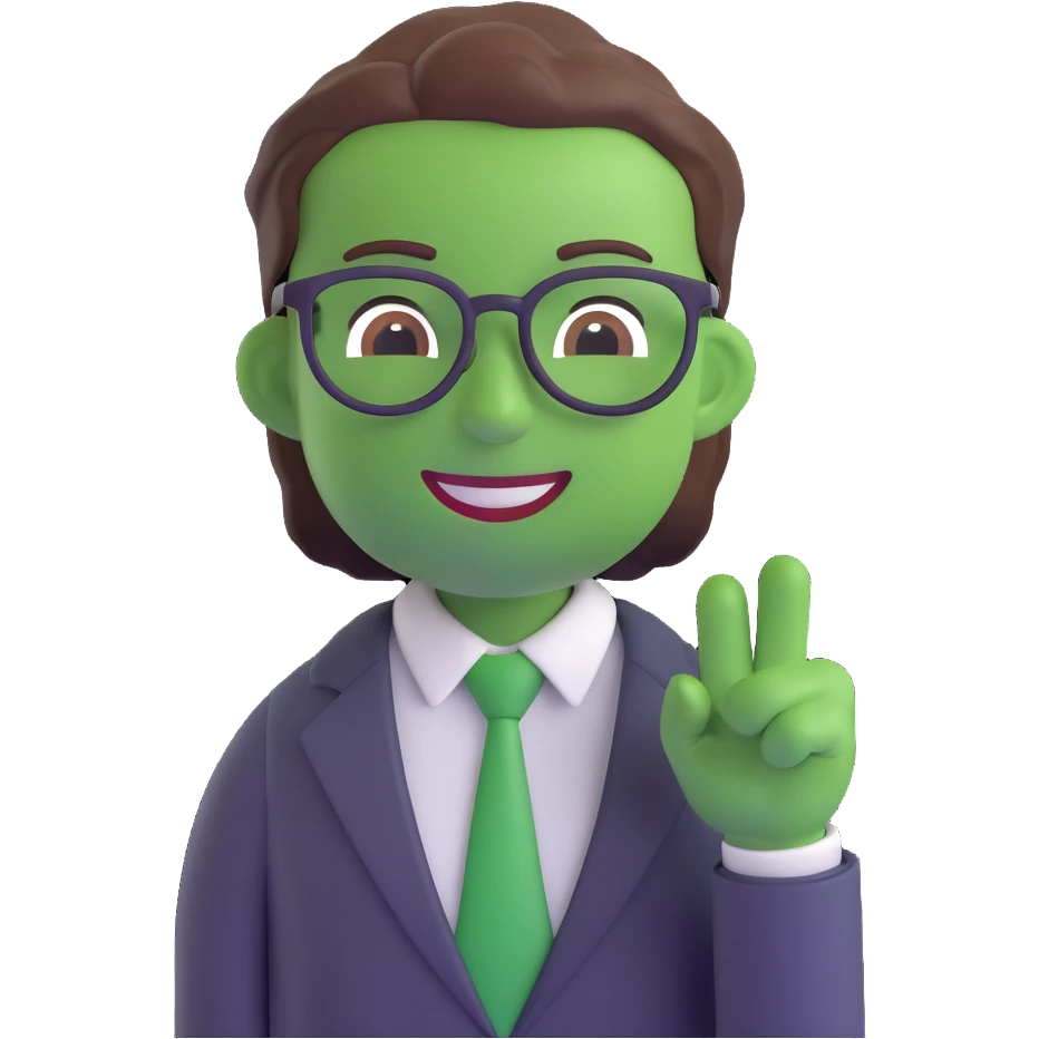 green manager emoji, wearing glasses, smiling, business attire emoji