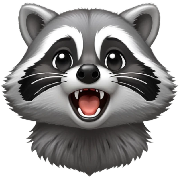 Cinematic-cute realistic- Yawning Raccoon-Portrait-Emoji – Poised and confident, wide-open yawn, revealing a soft grey with a sturdy build and a beautifully textured fur of silver-grey accented by dark black facial markings, deep-set, big black eyes, simplified yet sharp and sophisticated zoom out to show shoulders emoji