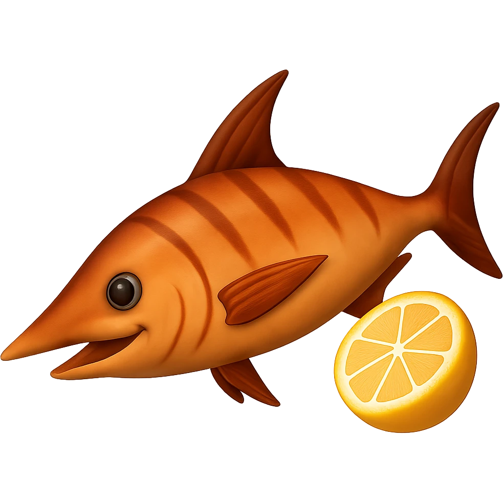 Remove the background and make it transparent. Keep the cooked swordfish with lemon slice and sword-like bill in the style of emoji style. emoji