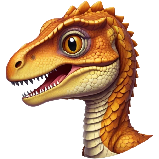 Cinematic Realistic Cute velociraptor/T-rex Portrait Emoji, Head tilted playfully and inquisitively, featuring a compact, slightly rounded build with intricately detailed, textured scales in natural hues and a surprisingly endearing face with bright, curious eyes, rendered with lifelike clarity and warm natural light, high shine, affectionate and quirky, styled with a touch of prehistoric whimsy, soft glowing outline, capturing the essence of a mischievous yet lovable velociraptor/T-rex that seems poised to stomp playfully into your arms! emoji