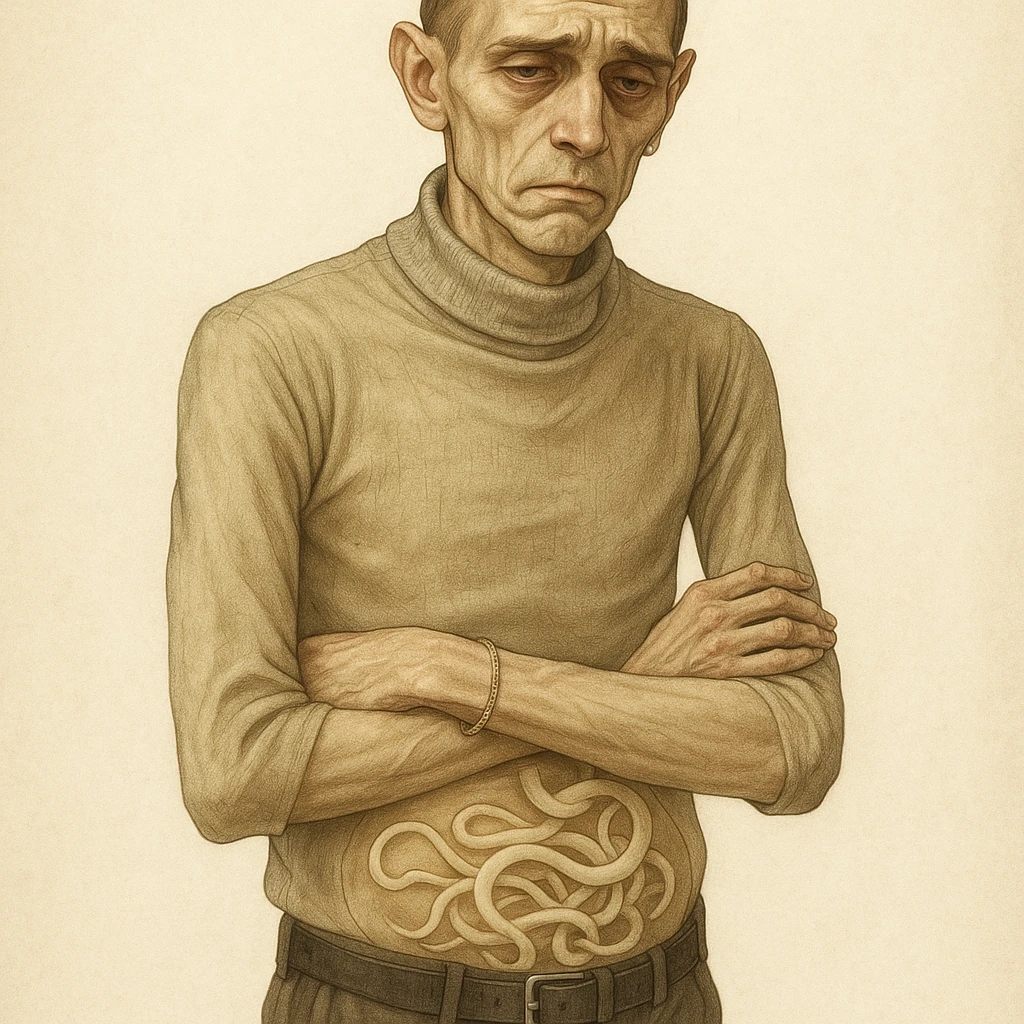 Create a realistic or semi-realistic style image of a 30-year-old man inspired by the reference image. The man should have a sickly appearance from intestinal parasites, with a gaunt face, yellowish skin, and visible discomfort. Show signs of malnutrition and subtle worms or parasites visible in the abdomen. Use a medical illustration style and convey a health risk mood. emoji