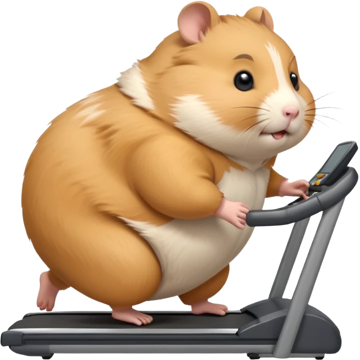 fat hamster big belly trying to run on treadmill sideways desperately trying to catch up with speed emoji