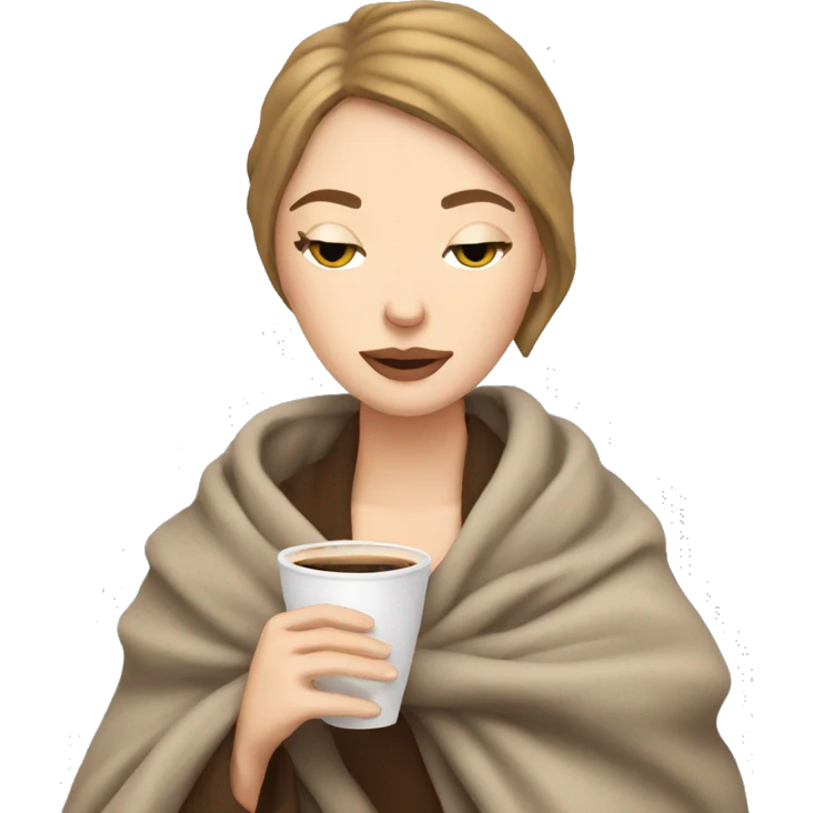 white girl inside a blanket sipping coffee eyes closed light brown short hair emoji