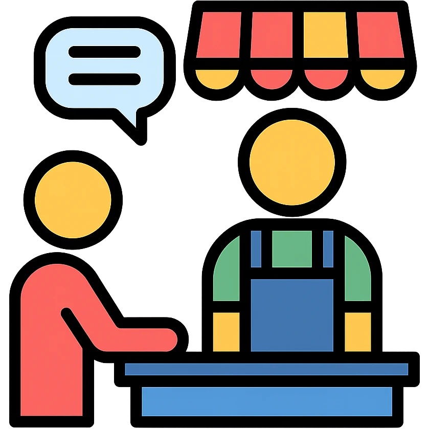 friendly style illustration of a person talking to a shopkeeper at a counter emoji