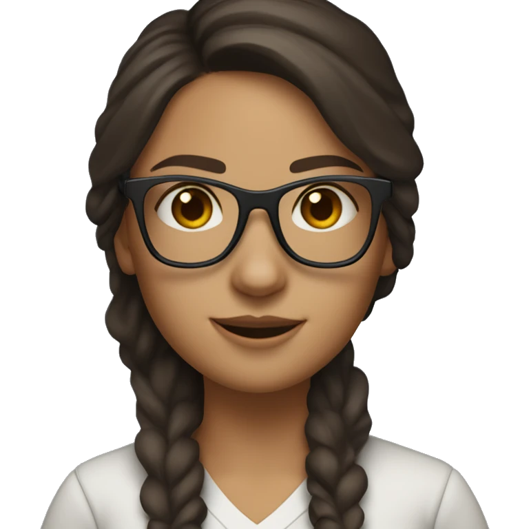 character with lightly tanned fair skin,  She is wearing wayfarer-style glasses with a black upper frame and has small gold hoop earrings.  brown hair,blue eyes. Her dark brown hair The character is a female IT developerworking with a MacBook
 emoji
