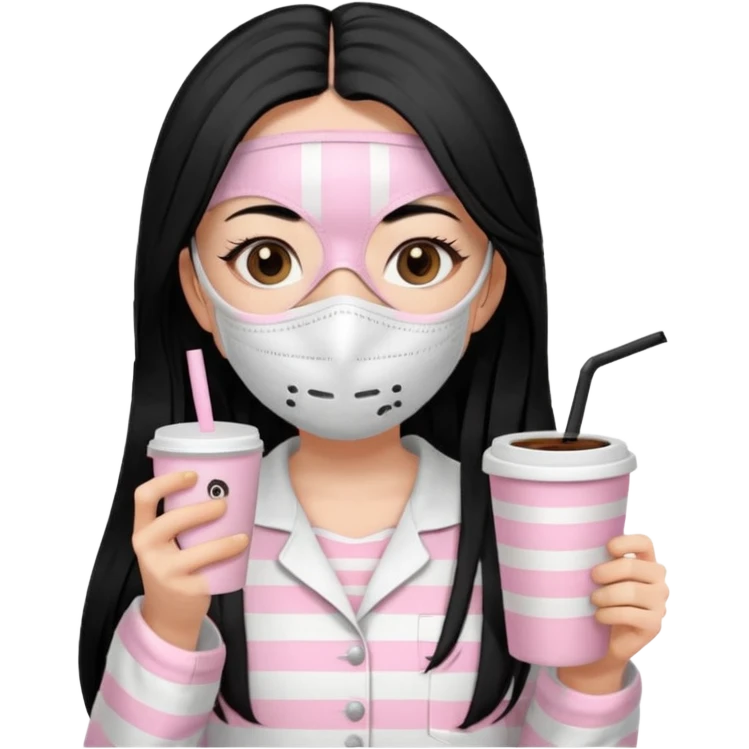 chica de pelo lacio color negro cabellera larga piyama blanca con rayas rosa claras peo no tan claras no oscuras el bordado es negro al igual que los botones )tiene una mascarilla para la carablanca y sostiene y cafe con bolitas nedras al dondo con unsorbete tranparente y es de test blanca  emoji
