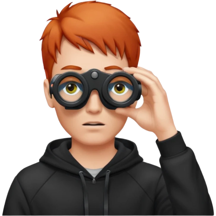 A red-haired, short-haired man without a beard, wearing a black hoodie, looks through binoculars emoji