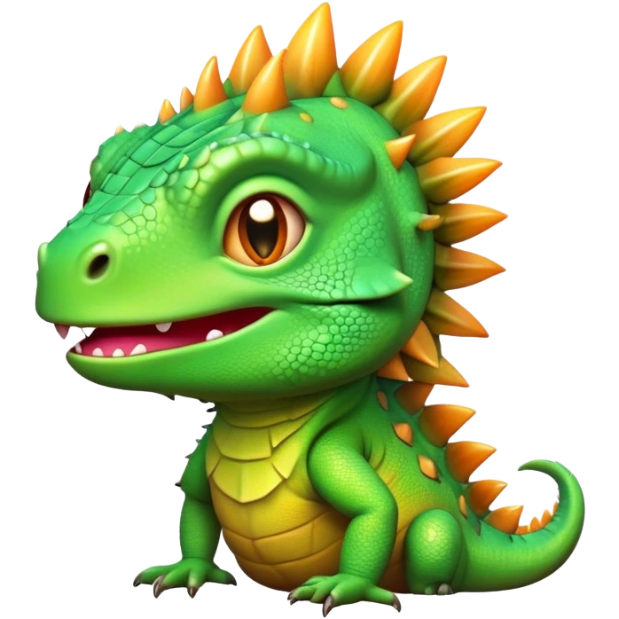 Cinematic Cute Iguana Portrait Emoji, Head tilted playfully and inquisitively, featuring a delightfully vibrant, textured body with a subtle spiky crest and large, sparkling eyes full of gentle wonder, Simplified yet irresistibly adorable features, highly detailed, glowing with a warm, inviting jungle glow, high shine, affectionate and lively, stylized with a touch of whimsical reptilian charm, soft glowing outline, capturing the essence of a mischievous yet loving iguana that seems as if it could scurry out of the screen into your arms! emoji