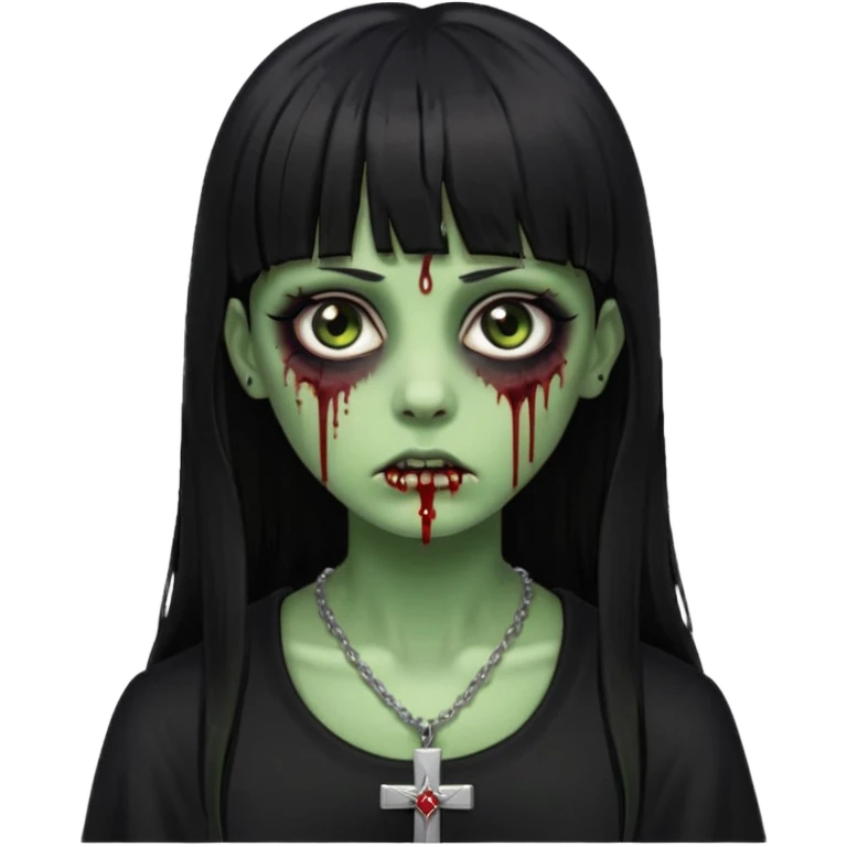Zumbi verde com olhos castanhos aspecto de que tá sangrando, uma franja reta com cabelo preto um piercing do lado esquerdo do nariz, roupa preta e crucifixo como colar, e também delineador emoji