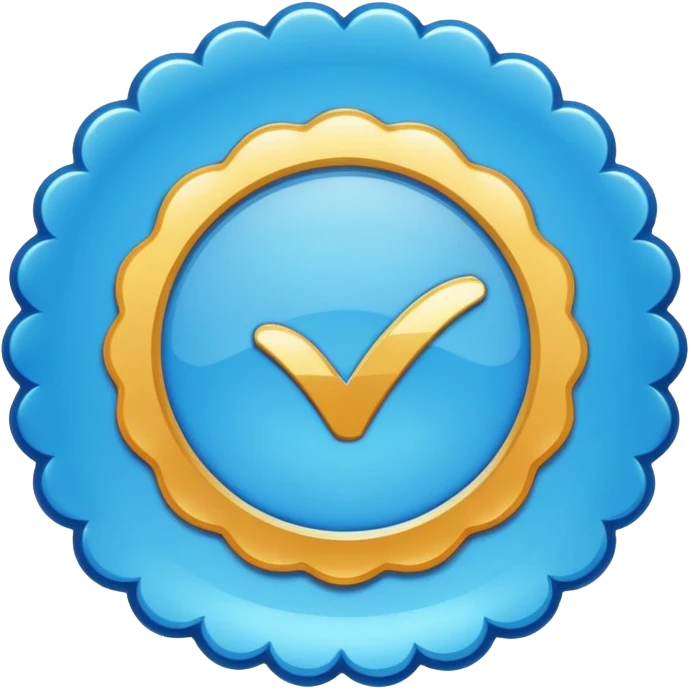 A blue scalloped circle with a verified thing emoji