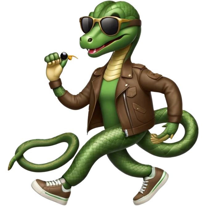 friendly anthropomorphised snake in sunglasses, jacket and sneakers, walking with a smile emoji