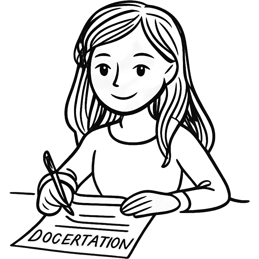 Beautiful girl with brown hair and blue eyes is writing a dissertation emoji