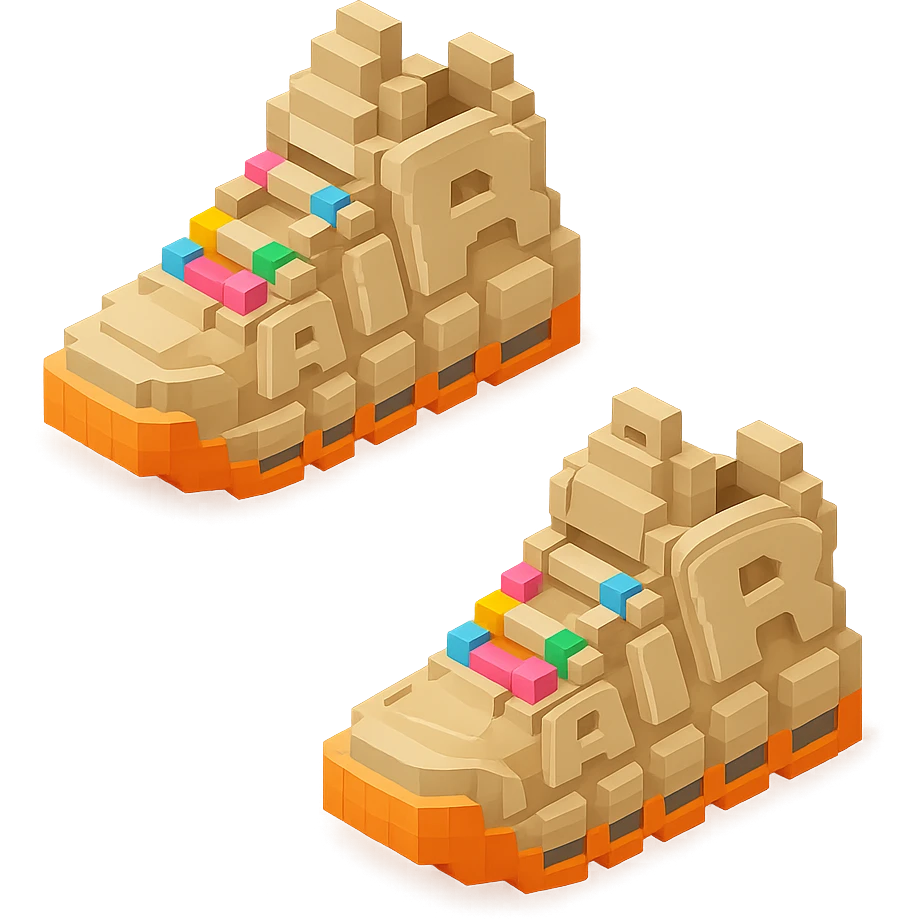 two pairs of Nike Air More Uptempo sneakers in beige with colorful beads on the laces emoji