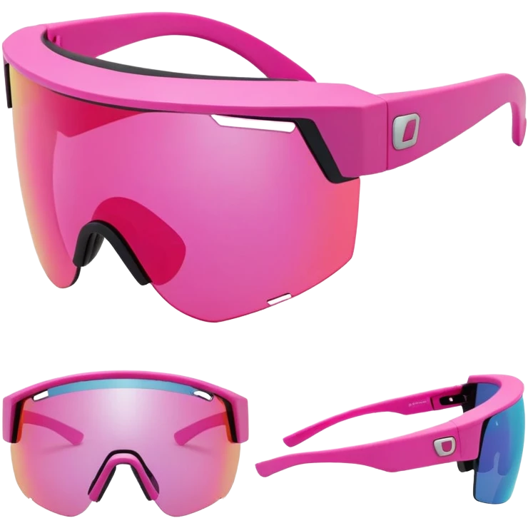 sporty pink shield visor sunglasses with thick frame and interchangeable temple tips, customizable chunky design, massive build, one-piece lens with UV protection emoji