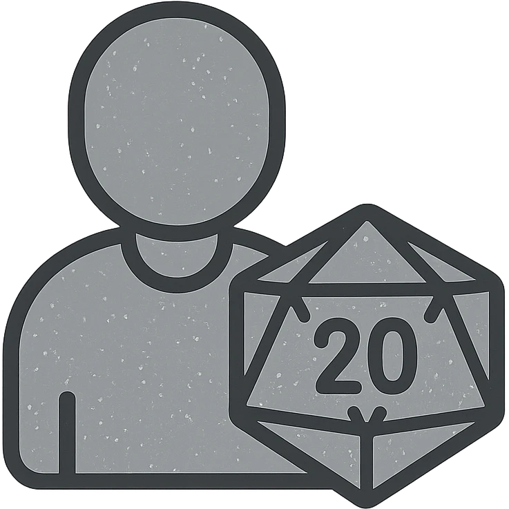 minimalist gray icon of a player silhouette with a D20 dice, worn distressed look emoji