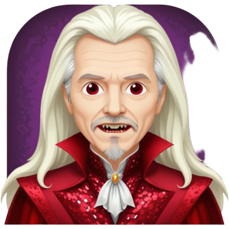Gary Oldman as Dracula with long white hair, dark red sequin outfit, without glasses emoji