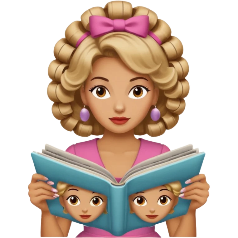 mujer en la peluquería con rulos en la cabeza y leyendo una revista, estilo vintage emoji