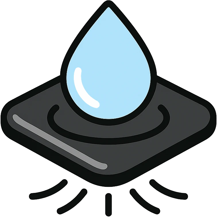 light blue or silver water droplet sliding on glossy black mirror-like paint, main color glossy black, subtle repellent effect with water lines moving away, modern and clean icon emoji