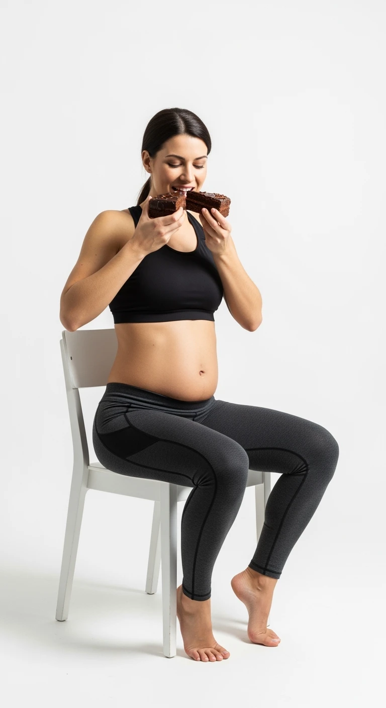 donna fitness con pancetta che mangia due fette di torta affamata, isolata su sfondo bianco emoji
