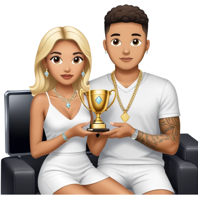 Internet celebrity Josh King Madrid jetset wearing shiny diamond earrings and sparkly iced out diamond tennis necklace chains with Instagram model girl tefi valenzuela sitting with him holding gold internet celebrity trophy on tv show in Miami emoji