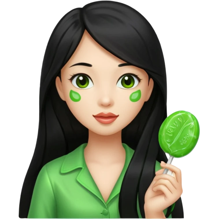 A girl with long black hair holding a piece of green hard candy in one hand and a green candy wrapper showing a guava on it in the other hand emoji
