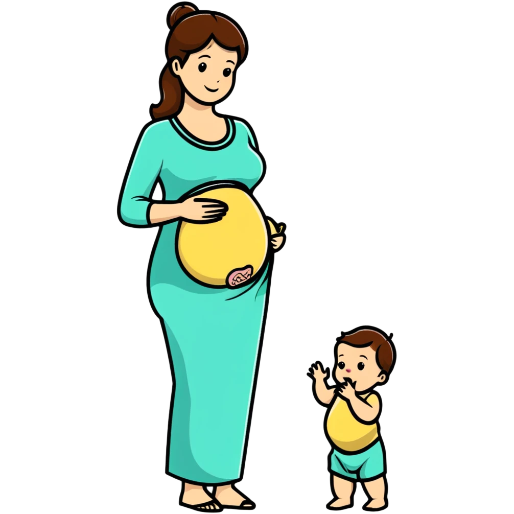 woman with small baby bump, just showing pregnancy emoji